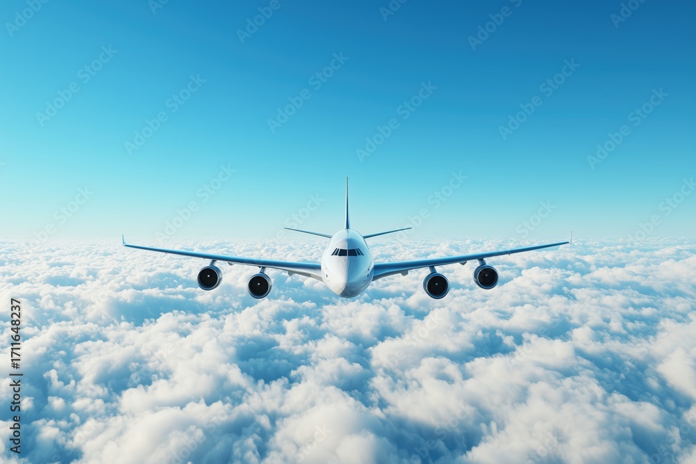 Fototapeta premium Airplane flying above clouds blue sky aviation travel transport illustration