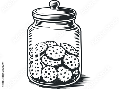 Vintage Cookie Jar with Many Cookies. Vector hand drawn illustration
