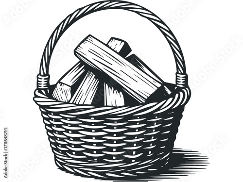 Woven basket filled with firewood. Vector hand drawn illustration