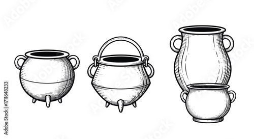 Collection of three hand drawn antique cauldron pot styles with handles and tripod feet vector