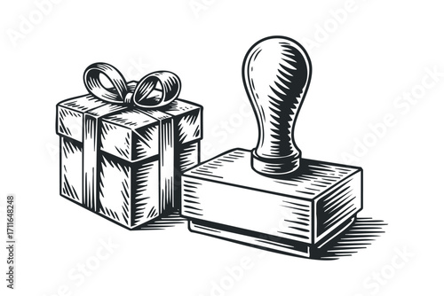 Gift box with ribbon and rubber stamp icon. Vector hand drawn illustration