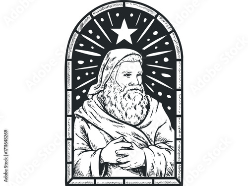 Old Man with Beard and Star Motif within Archway. Vector hand drawn illustration