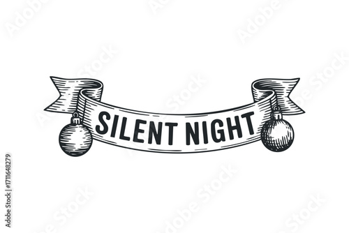 Christmas banner with phrase Silent Night and ornaments on transparent background. Vector hand drawn illustration