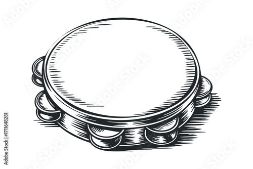 Single Tambourine Musical Instrument Graphic Element. Vector hand drawn illustration