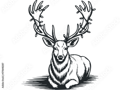 Majestic Reindeer with Antlers Adorned with Decorative Lights. Vector hand drawn illustration