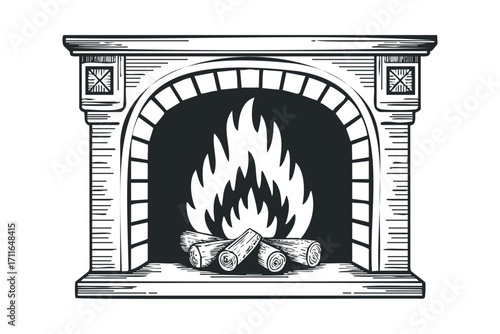Engraving style fireplace with burning logs. Vector hand drawn illustration