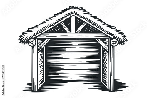 Sketch of a thatched roof stable structure on transparent background. Vector hand drawn illustration
