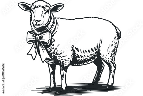 Vintage style sheep with bow on transparent background. Vector hand drawn illustration