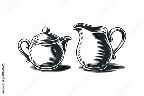 Engraved Style Teapot and Creamer. Vector hand drawn illustration