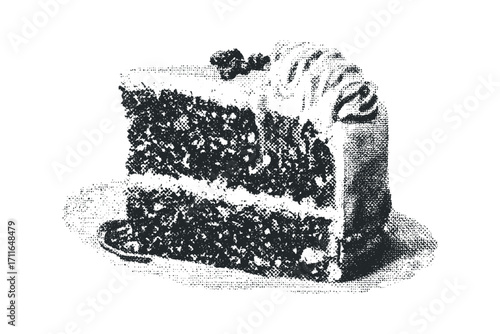 Black and white sketch of a layered cake slice on a plate. Vector hand drawn illustration