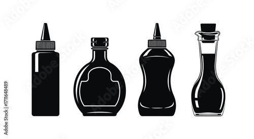 Collection of four dark glass bottles containing sauces or condiments isolated vector