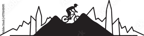Boy rides a mountain bike jumping a silhouette lake and tree