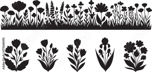 Black flower silhouette vector set: floral border, isolated flower clipart, botanical elements eps