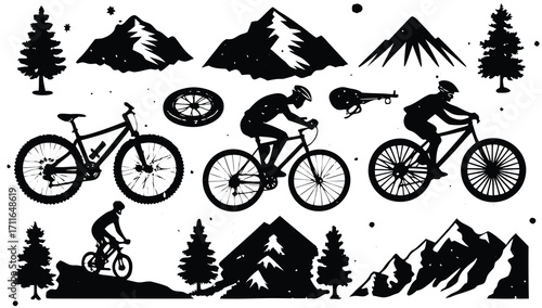 Black vector silhouette of a mountain biker on an extreme jump, a dynamic illustration of the sport