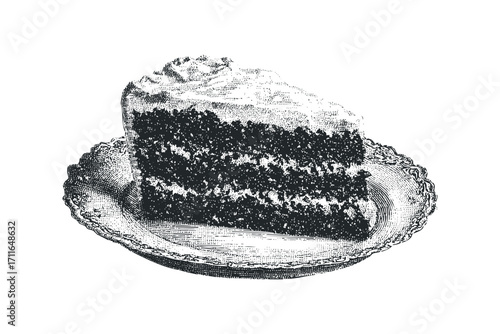 Engraved Slice of Layered Cake on Ornate Plate. Vector hand drawn illustration