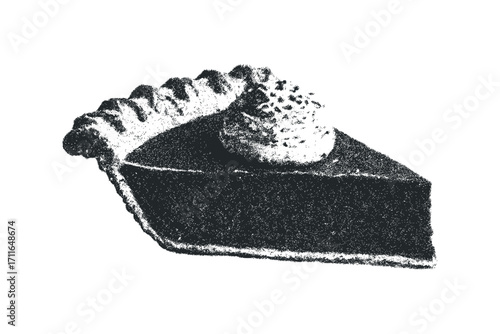 Slice of dark pie with dollop of whipped cream on transparent background. Vector hand drawn illustration
