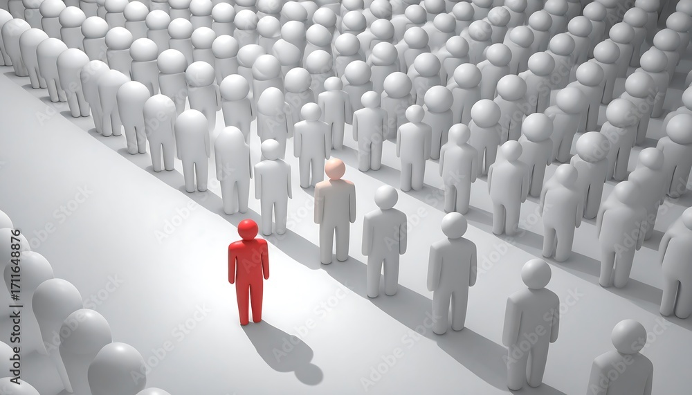 Fototapeta premium A red and a light beige figure stand out amongst a crowd of identical light gray figures