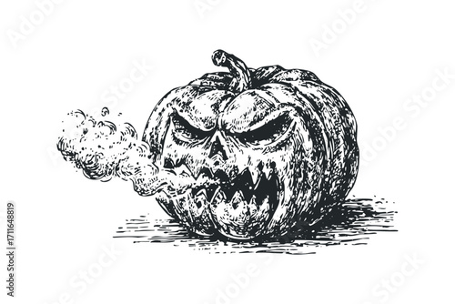 Scary jack-o-lantern with smoke from mouth on transparent background. Vector hand drawn illustration