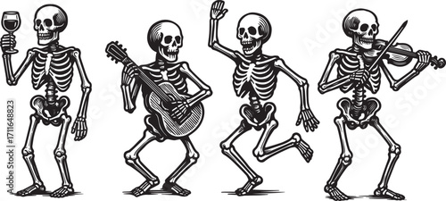 Musical skeleton playing guitar vector illustration for Halloween party, spooky music and creepy festival design