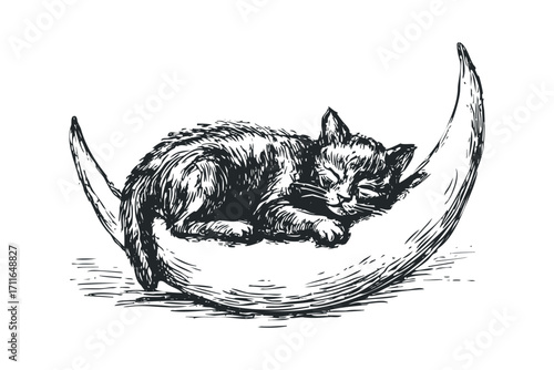 Adorable kitten sleeping peacefully on a crescent moon, graphic. Vector hand drawn illustration