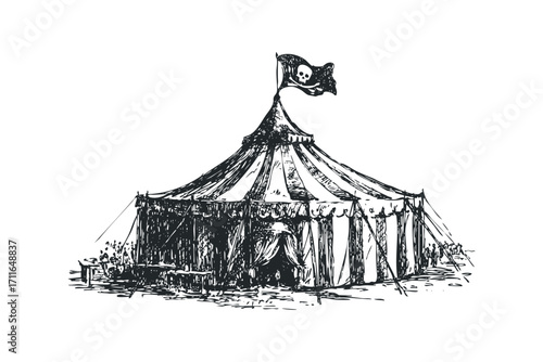 Antique circus tent with skull flag on transparent background. Vector hand drawn illustration