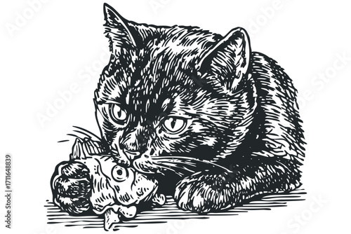 Black and white sketch of a cat eating a fish on a transparent background. Vector hand drawn illustration