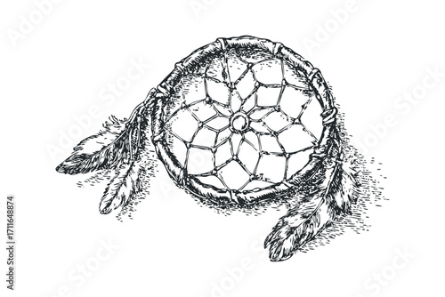 Pencil Sketch Dreamcatcher with Feathers on Transparent Background. Vector hand drawn illustration