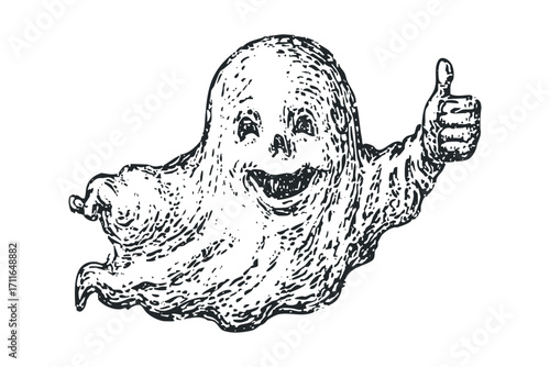 Scary ghost with thumbs up gesture, transparent background. Vector hand drawn illustration