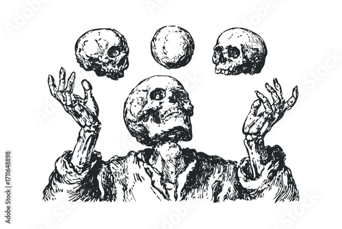 Skeleton juggler with skulls on transparent background. Vector hand drawn illustration