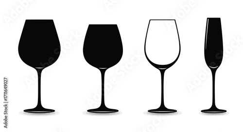 Four different types of wine glasses silhouettes isolated on white studio background vector