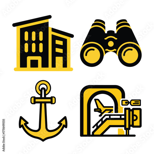 Travel and leisure icons hotel binoculars anchor airport travel symbols business tourism vacation leisure