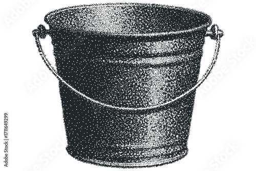 A solitary metal bucket with a wire handle rendered in stippled technique. Vector hand drawn illustration
