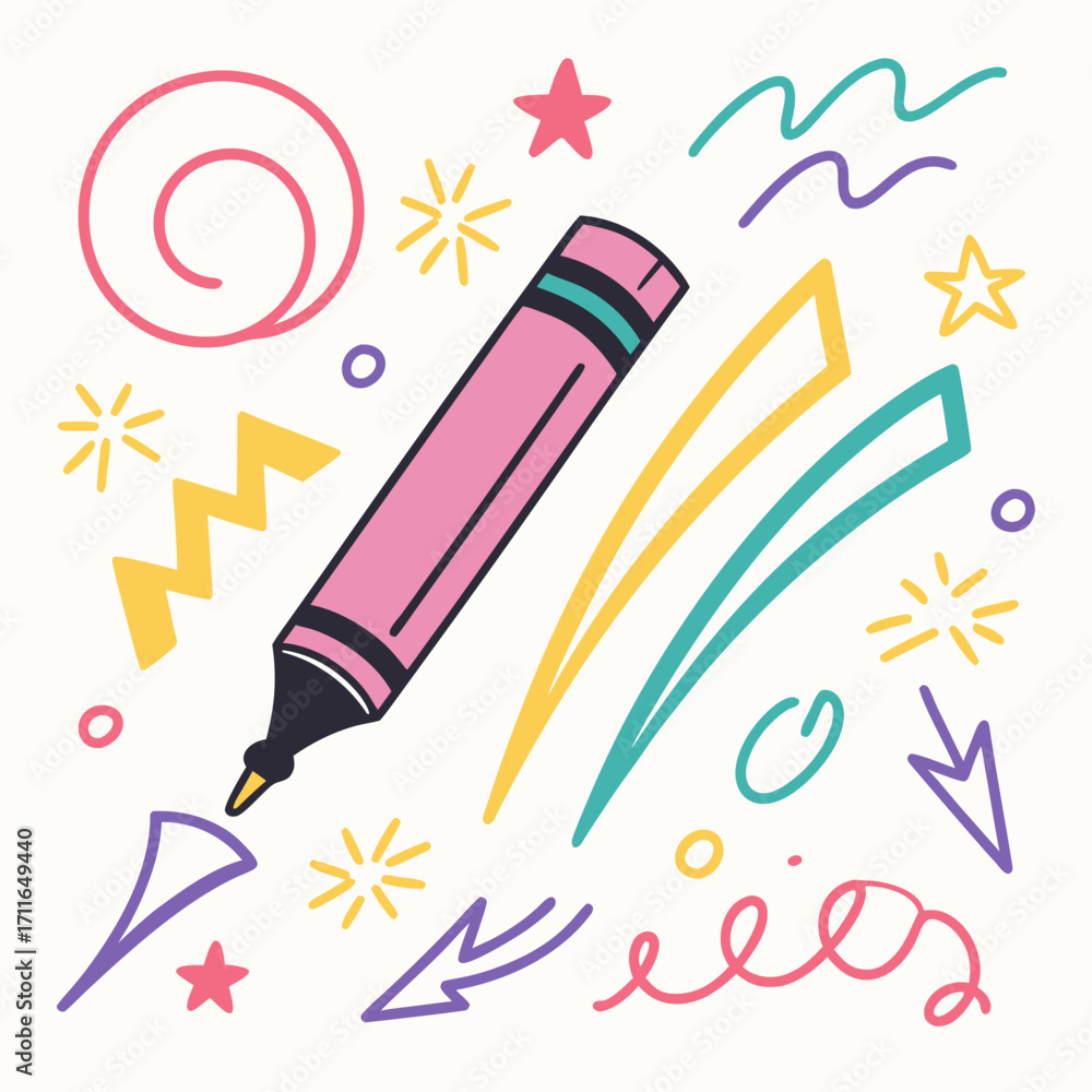 Fototapeta premium Vibrant pink marker pen surrounded by colorful abstract doodles and celebratory elements on a light background