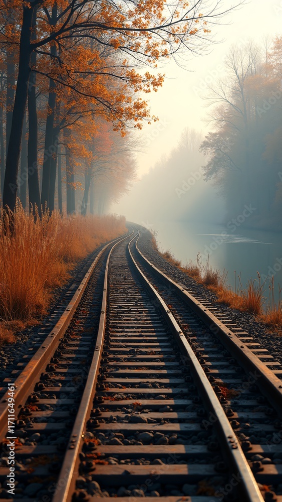 Fototapeta premium Curved Railway by River at Autumn Dawn