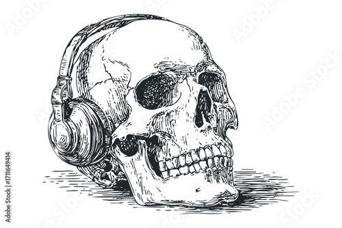 Headphone Wearing Skull Etching. Vector hand drawn illustration