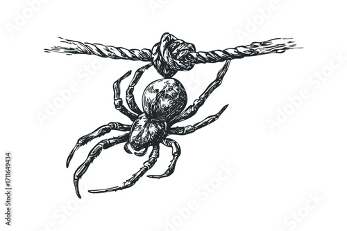 Detailed sketch of a spider hanging from a knotted rope. Vector hand drawn illustration