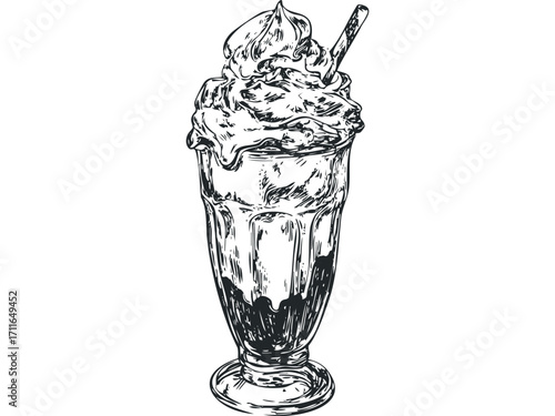 Hand drawn sketch of a tall glass filled with ice cream and whipped cream with a straw. Vector hand drawn illustration
