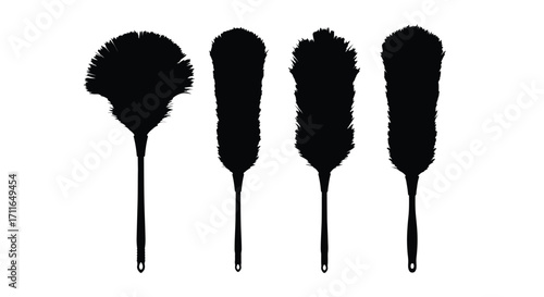 Four diverse feather dusters and cleaning brushes in silhouette against white vector