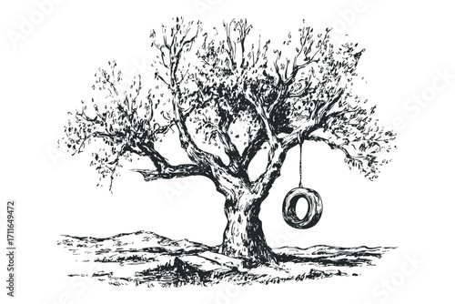 Sketch of a lone tree with a tire swing on a rolling landscape. Vector hand drawn illustration