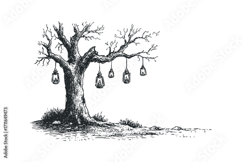 Bare tree with hanging lanterns in a sketch style on transparent background. Vector hand drawn illustration