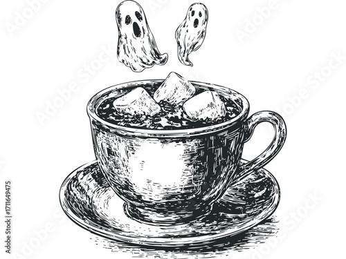 Two playful ghosts hover over a steaming cup of coffee with marshmallows. Vector hand drawn illustration