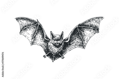 Bat with wings spread open on transparent background. Vector hand drawn illustration