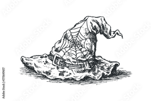 Witch Hat with Spiderweb and Buckle. Vector hand drawn illustration