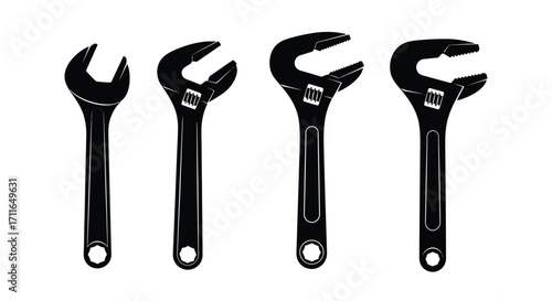 Collection of four adjustable wrenches in a row mechanical tools for repair and construction vector
