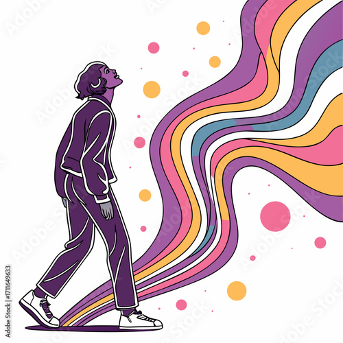 Person in purple tracksuit walking and looking up at colorful wavy lines and floating circles
