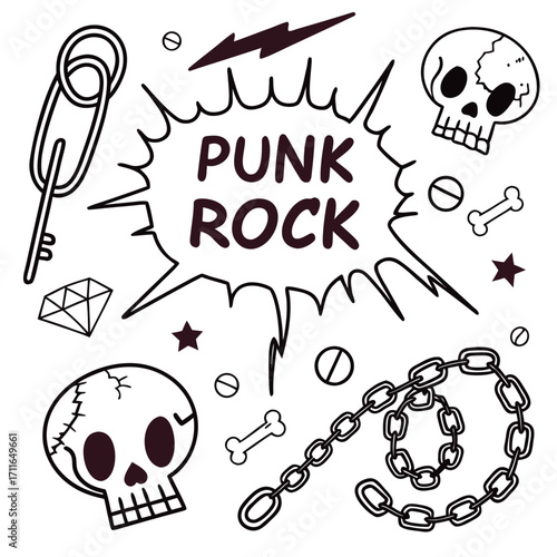 Collection of punk rock icons and symbols including skulls chains safety pins and lightning bolts in a doodle style