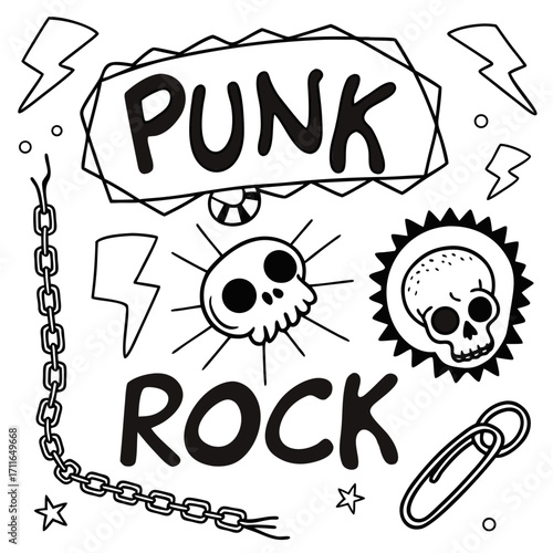Hand drawn doodle elements featuring the words punk rock with skulls lightning bolts chains and safety pins