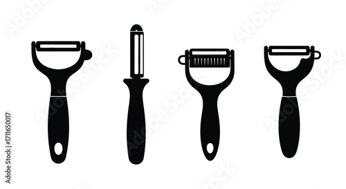 Collection of four diverse kitchen peelers for food preparation and culinary use vector