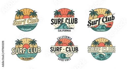 Vibrant surf club logos capture California beach lifestyle with retro vibes and ocean waves