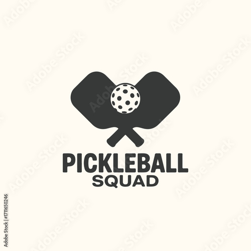 Vector art of pickleball squad logo with crossed paddles and ball, representing the sport and team spirit, isolated on a light background